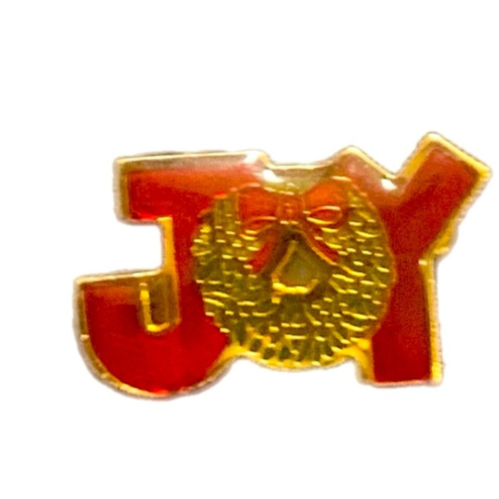 Vintage JOY Wreath Christmas Brooch Hat Tac Pin Red Letters Enamel Goldtone